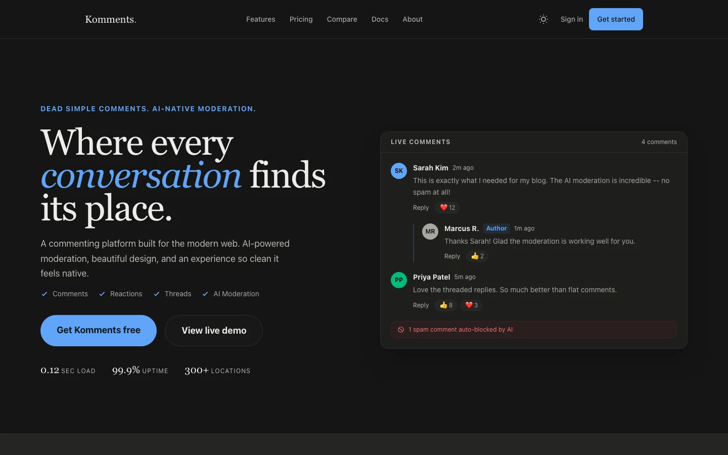 Komments desktop homepage screenshot
